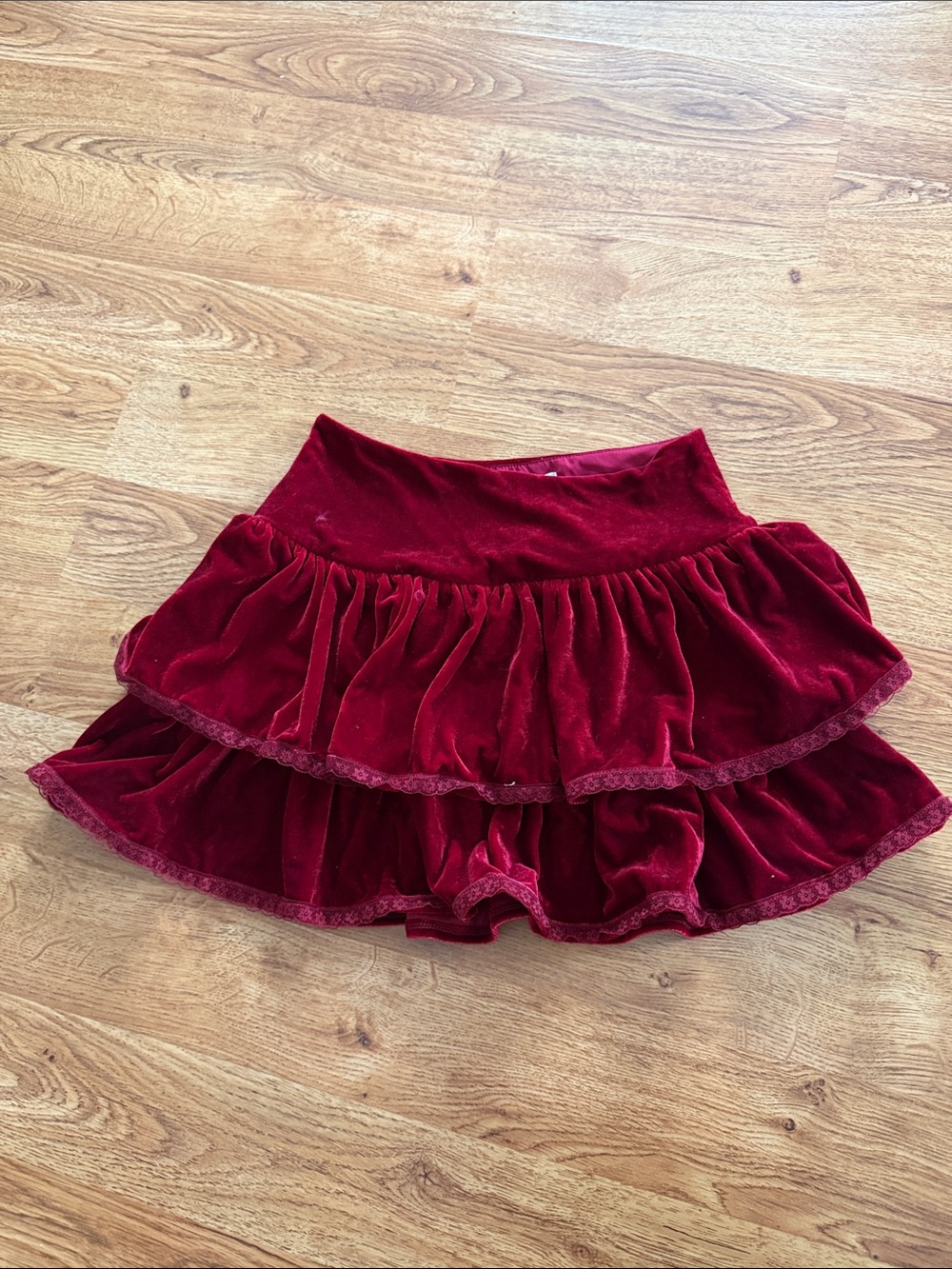 Altar'd State Burgundy Velvet Ruffled Skater Skirt
